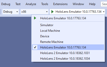 Destino do emulador no Visual Studio