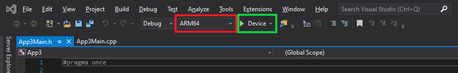 Captura de tela da solução do Visual Studios com as configurações da plataforma e do dispositivo destacadas