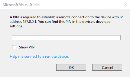 Captura de tela do pop-up do Visual Studio solicitando o PIN