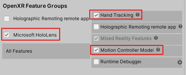 Captura de tela dos recursos selecionados para o OpenXR.