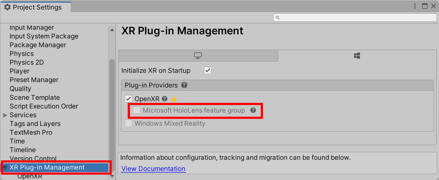 Captura de tela da janela Gerenciamento de Plug-in XR.