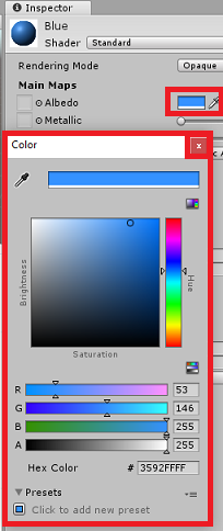 Captura de tela do painel Inspetor. A seção de cores é destacada.