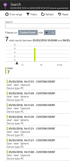 Captura de tela do painel Pesquisar mostrando os resultados de um filtro de evento personalizado.