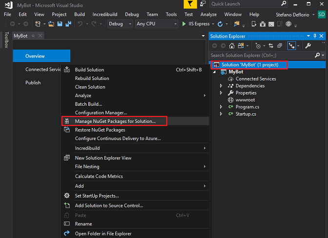 Captura de tela que mostra a solução aberta com 'MyBot' e 'Gerenciar Pacotes NuGet para Solução' realçados.