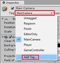 Captura de tela do menu suspenso Main Camera Tag no painel Inspetor com 'Adicionar tag' destacado.