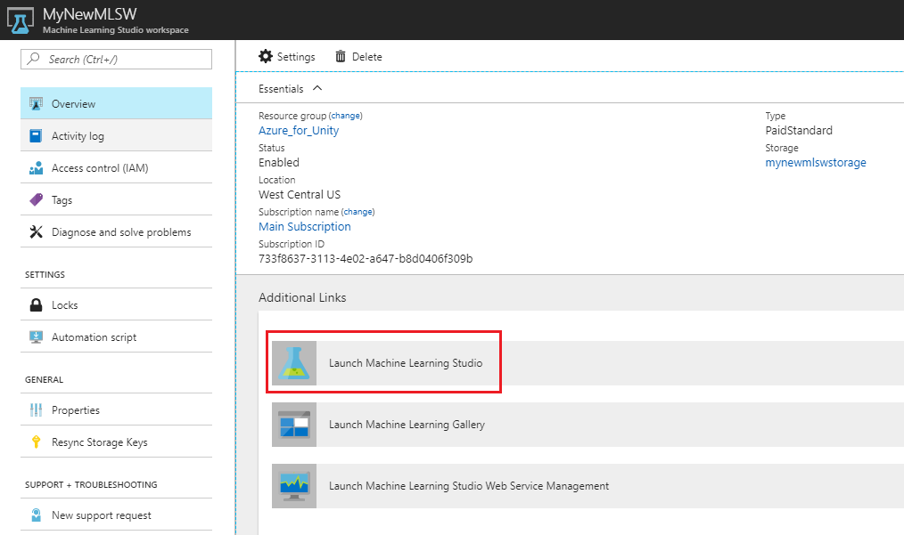 Captura de tela da janela do Microsoft Azure, que mostra o link Iniciar o Machine Learning Studio realçado no painel de conteúdo.