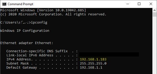 Captura de tela dos resultados da linha de comando para o comando ipconfig