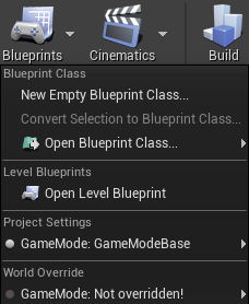 Menu do Blueprint aberto com a opção Abrir blueprint de nível realçada