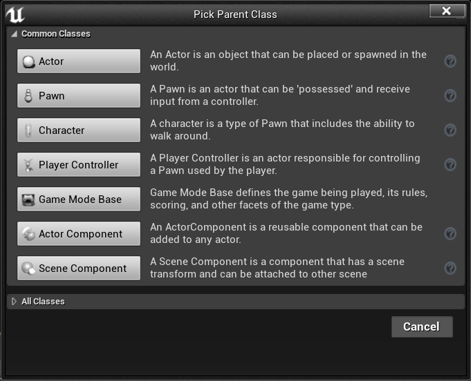 Selecione uma classe pai para seu Blueprint