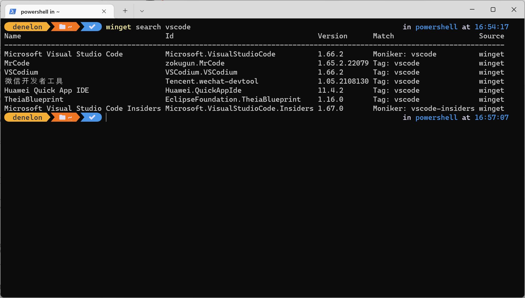 Captura de tela da janela do Windows Power Shell exibindo os resultados da pesquisa winget.