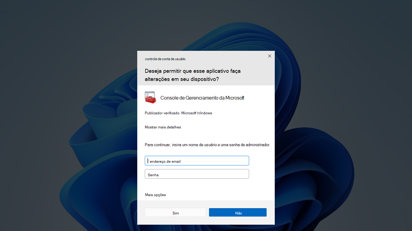 Captura de tela mostrando o prompt de credencial UAC.