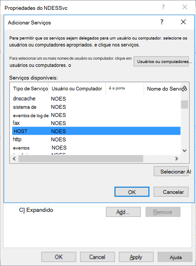 Delegação do Serviço do NDES para o anfitrião do NDES.