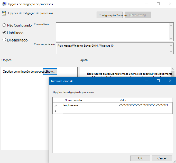 Captura de ecrã do editor de Política de Grupo: Opções de Mitigação de Processos com a caixa Mostrar Conteúdo e texto de exemplo.