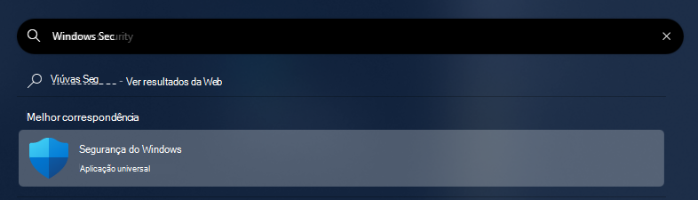Captura de ecrã do menu Iniciar a mostrar os resultados de uma pesquisa da Segurança do Windows, a primeira opção com um símbolo de escudo grande está selecionada.