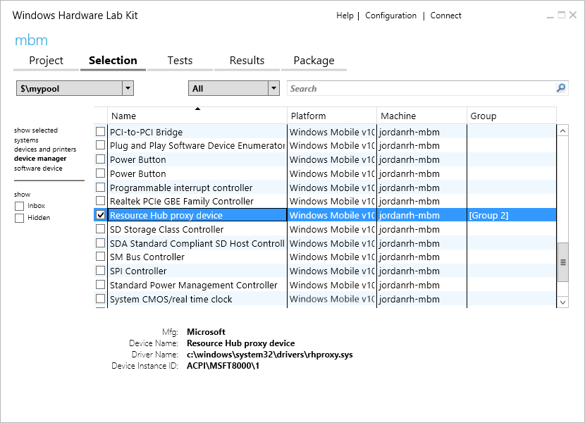 Captura de tela do Windows Hardware Lab Kit mostrando a guia Seleção com a opção de dispositivo proxy do Hub de Recursos selecionada.