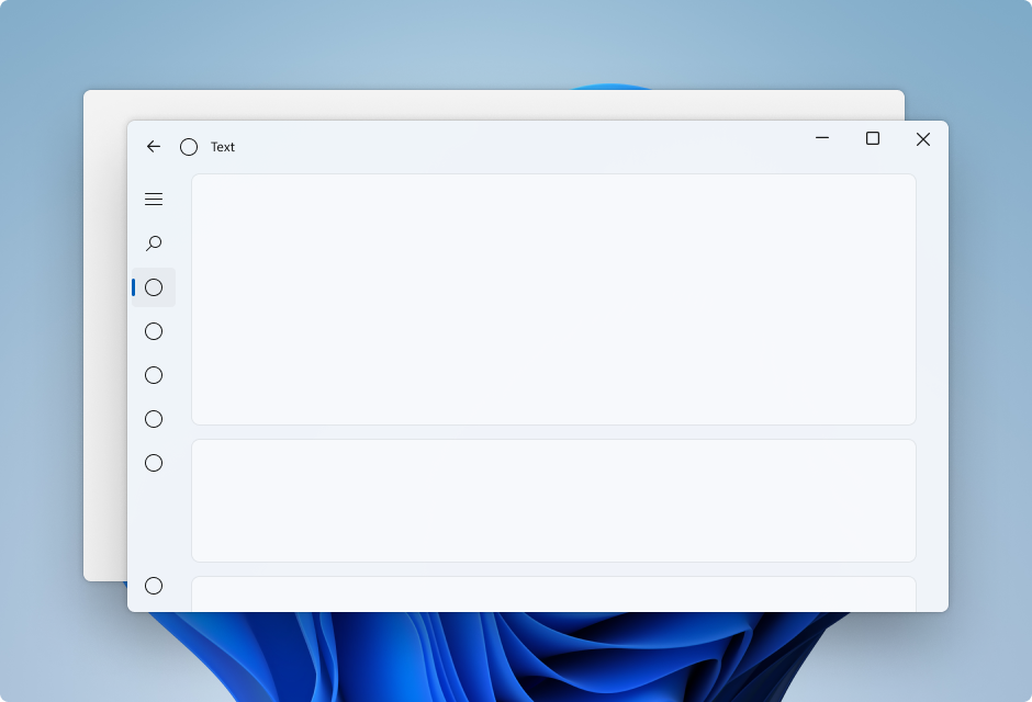 Uma janela de aplicativo com navegação à esquerda e plano de fundo de mica exibido entre os cartões de conteúdo