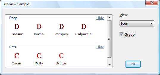 screen shot of a list-view control, with dogs in one group and cats in another group