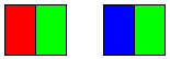 Ilustração mostrando um retângulo com regiões vermelhas e verdes e, em seguida, o mesmo retângulo com a região vermelha substituída por azul