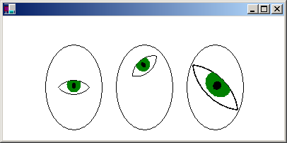 captura de tela de uma janela com três reticências, cada uma contendo um olho em um tamanho e rotação diferentes