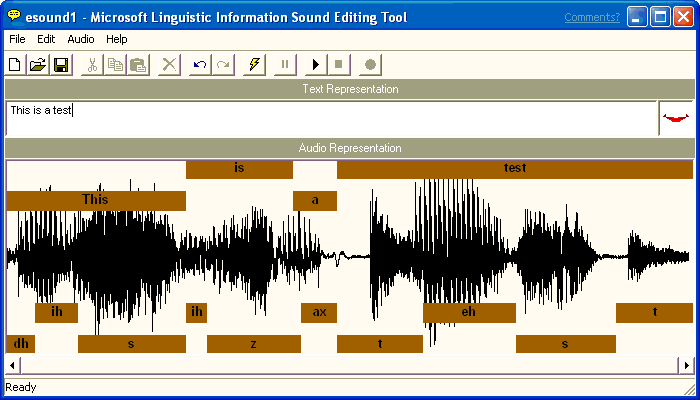 Captura de tela que mostra os painéis 'Representação de Texto' e 'Representação de Áudio' na Ferramenta de Edição de Som de Informações Linguísticas da Microsoft.