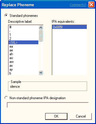 Captura de tela que mostra a caixa de diálogo 'Substituir Phoneme', com '<SIL>' selecionado como o rótulo descritivo.