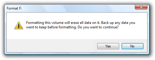 Captura de tela que mostra um exemplo de confirmação de formatação de volume.