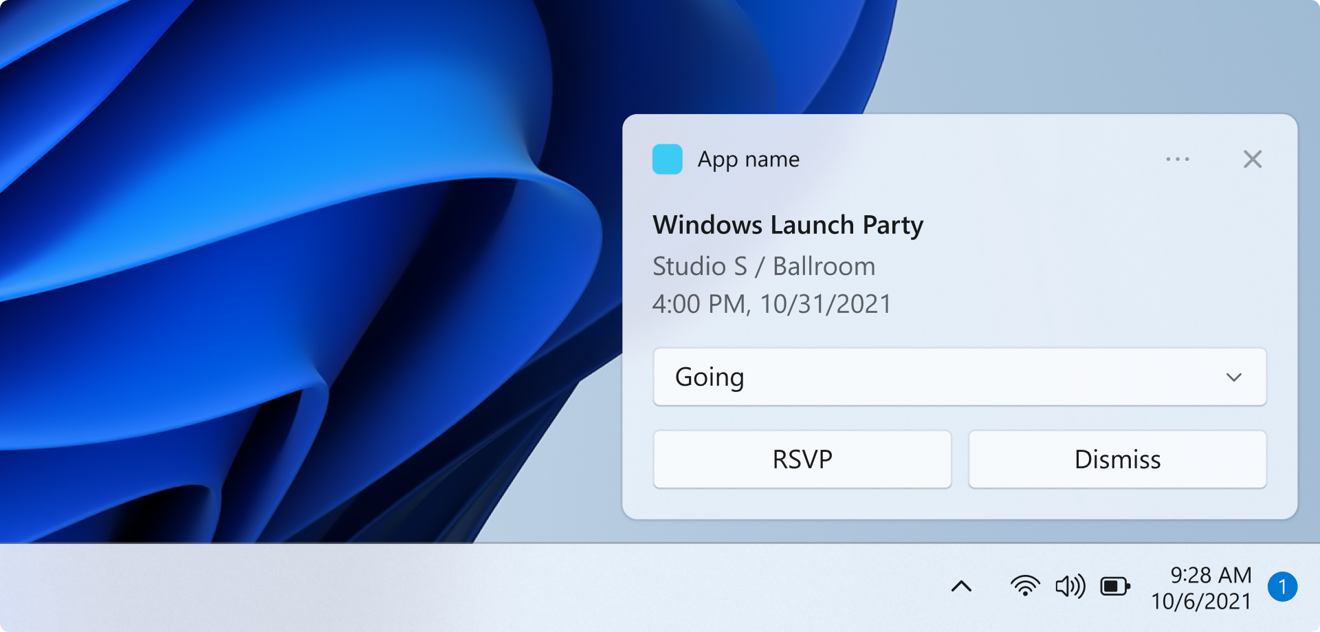 Uma captura de tela mostrando uma notificação do sistema acima da barra de tarefas. A notificação é um lembrete para um evento. O nome do aplicativo, o nome do evento, a hora do evento e o local do evento são mostrados. Uma entrada de seleção exibe o valor selecionado no momento, Going. Há dois botões rotulados RSVP e Dismiss