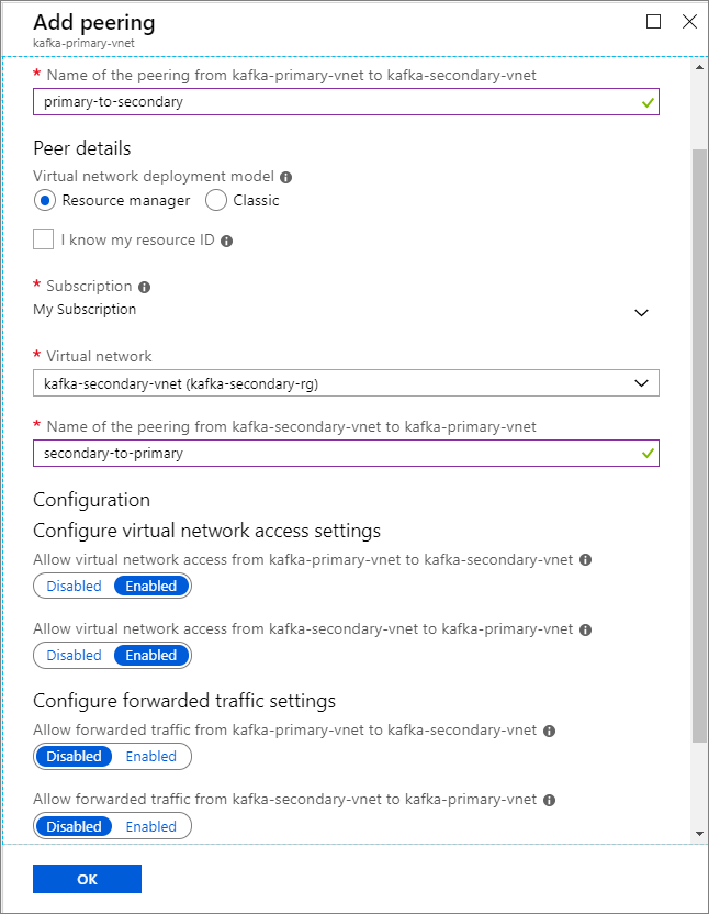 Captura de ecrã que mostra o H D Insight Kafka a adicionar peering de rede virtual.