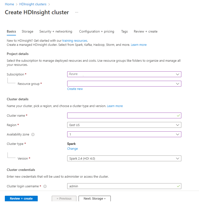 Screenshot shows Create HDInsight cluster with the Basics tab selected.