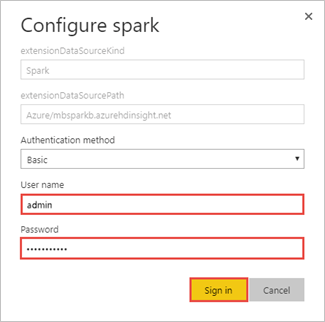 Captura de ecrã a mostrar Iniciar sessão no cluster do Spark.