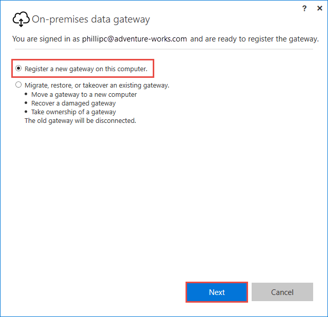 Captura de tela que destaca a opção Registrar um novo gateway neste computador.