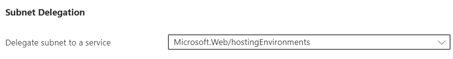 Captura de tela mostrando a delegação de sub-rede para Microsoft.Web/hostingEnvironments no portal.