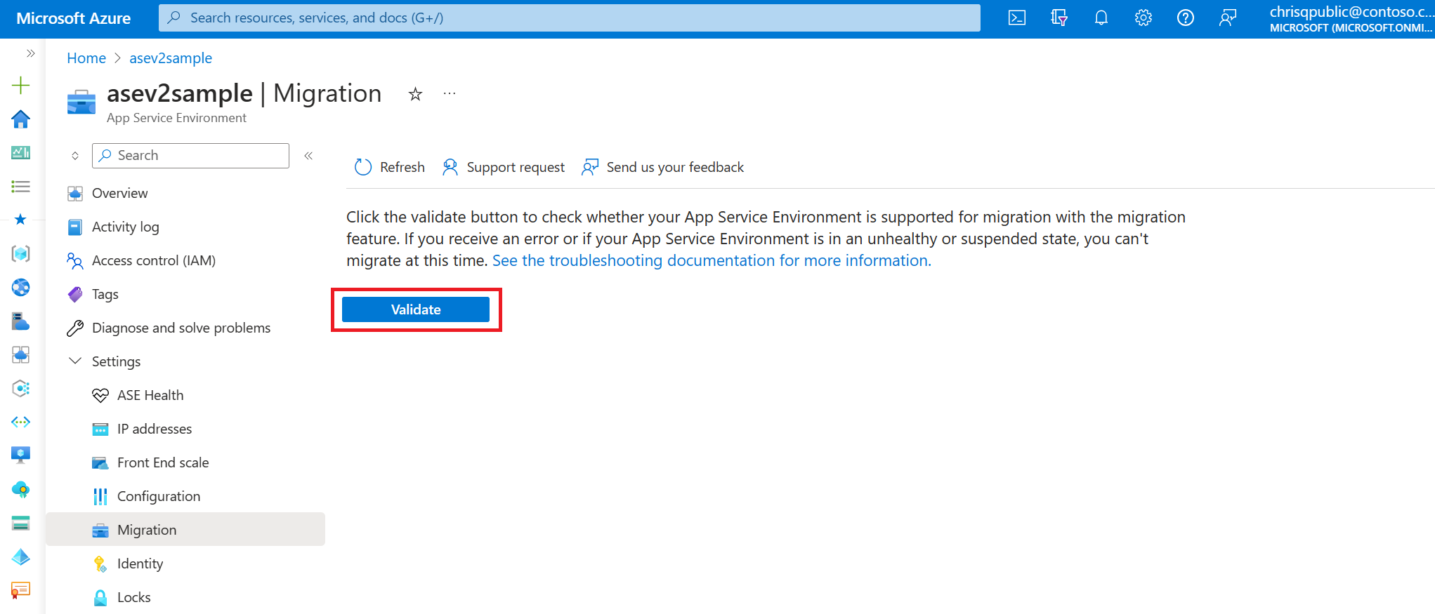 Captura de ecrã que mostra o botão para validar a elegibilidade da migração.