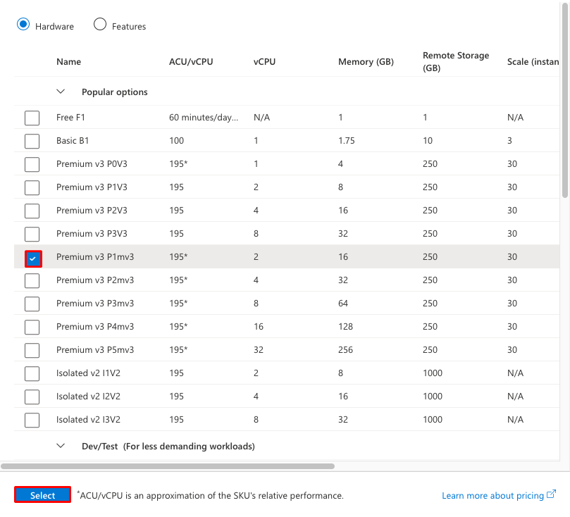 Captura de ecrã a mostrar a página Explorar planos de preços com um plano Premium V3 selecionado.