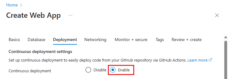 A captura de tela mostra como habilitar a implantação de Ações do GitHub na guia Criar Implantação do Serviço de Aplicativo.