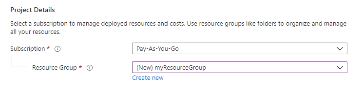 Captura de ecrã da secção Detalhes do Projeto a mostrar onde seleciona a subscrição do Azure e o grupo de recursos para a aplicação Web.