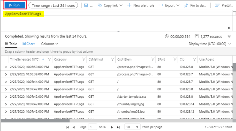 Logs HTTP do Serviço de Aplicativo do Espaço de Trabalho do Log Analytics