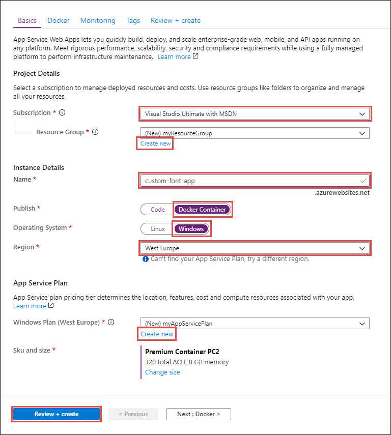 Captura de ecrã do separador Noções básicas utilizado para configurar a aplicação Web.