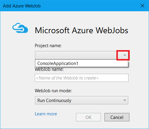 Selecionar o projeto na caixa de diálogo Adicionar WebJob do Azure