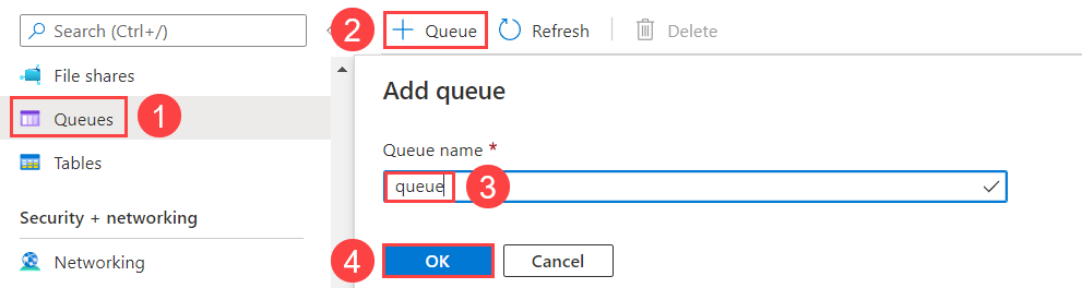 Esta imagem mostra como criar uma nova Fila de Armazenamento do Azure.