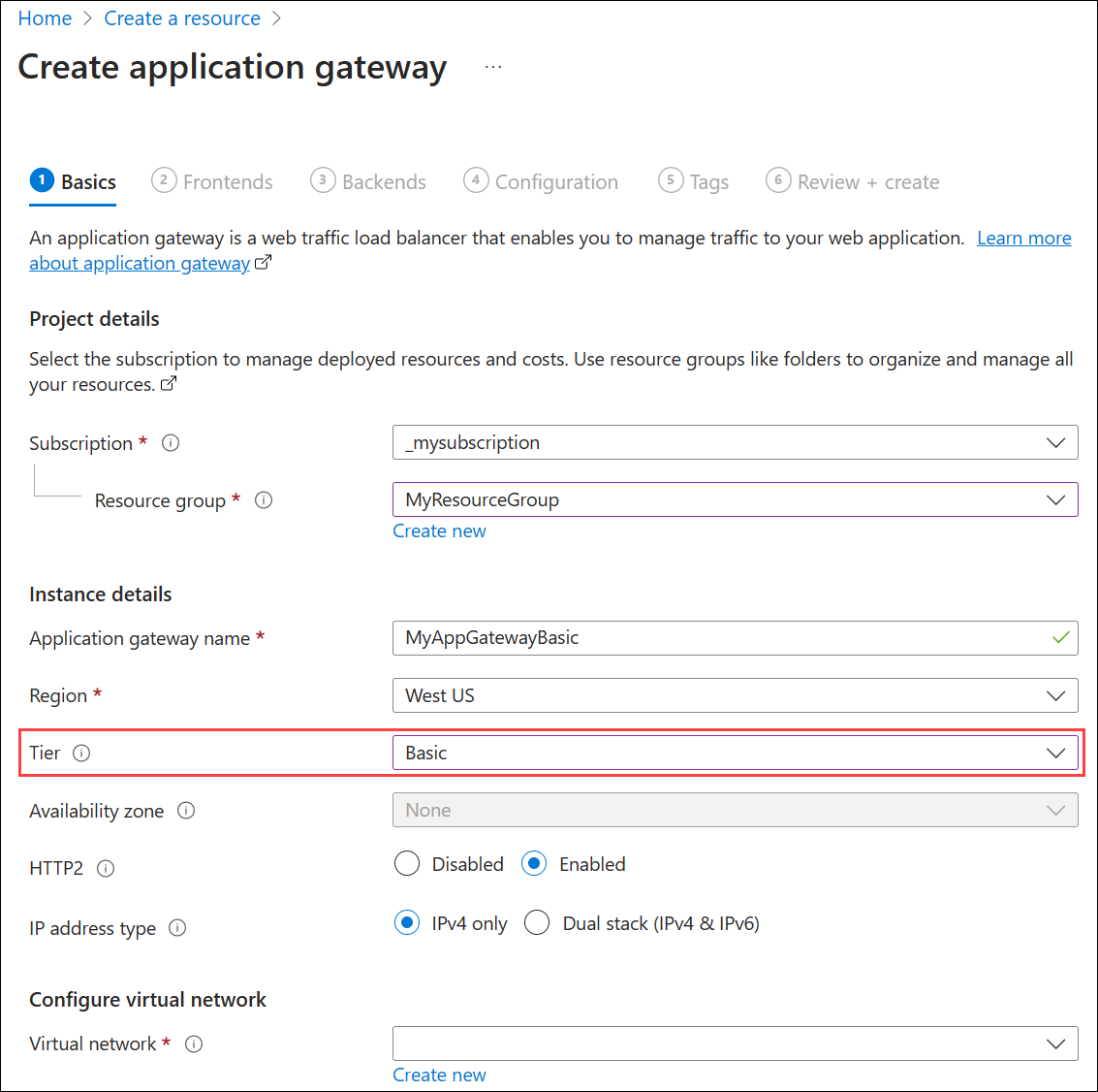 Uma captura de tela da criação de um novo gateway de aplicativo: guia Noções básicas.