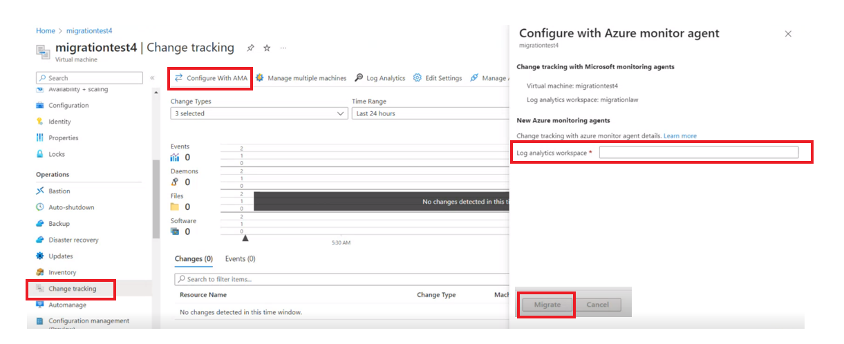 Captura de tela da integração de uma única VM ao controle e inventário de alterações usando o agente de monitoramento do Azure.