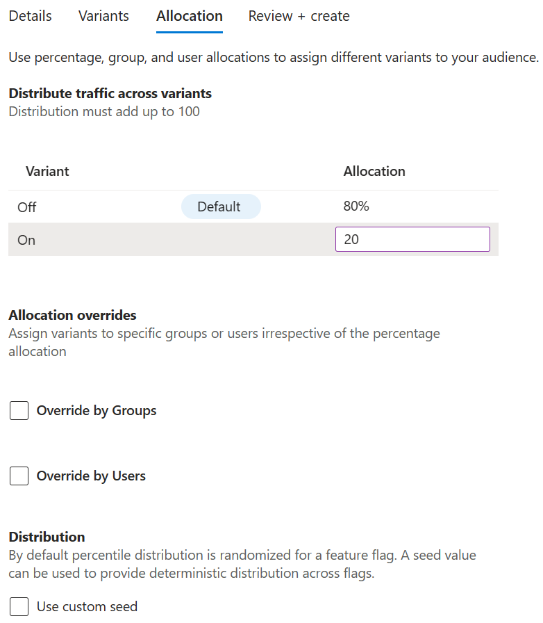 Captura de ecrã da plataforma Azure a mostrar a alocação de tráfego do sinalizador de funcionalidade variante.