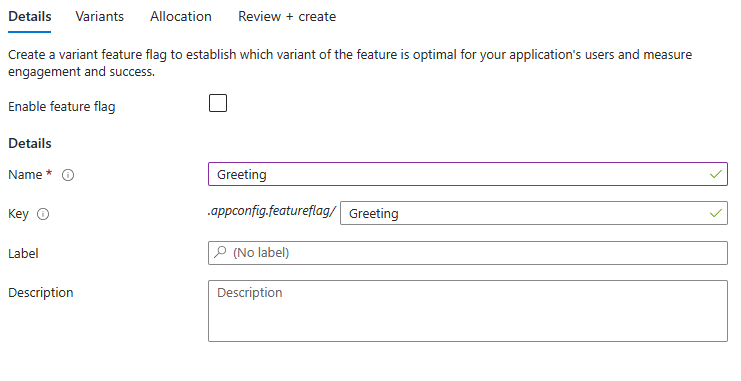 Captura de ecrã da plataforma Azure a mostrar detalhes do sinalizador de funcionalidades variantes.