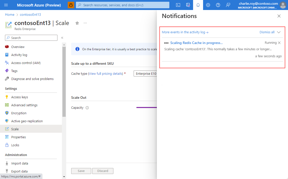 Captura de tela mostrando a notificação de dimensionamento de um cache Enterprise.