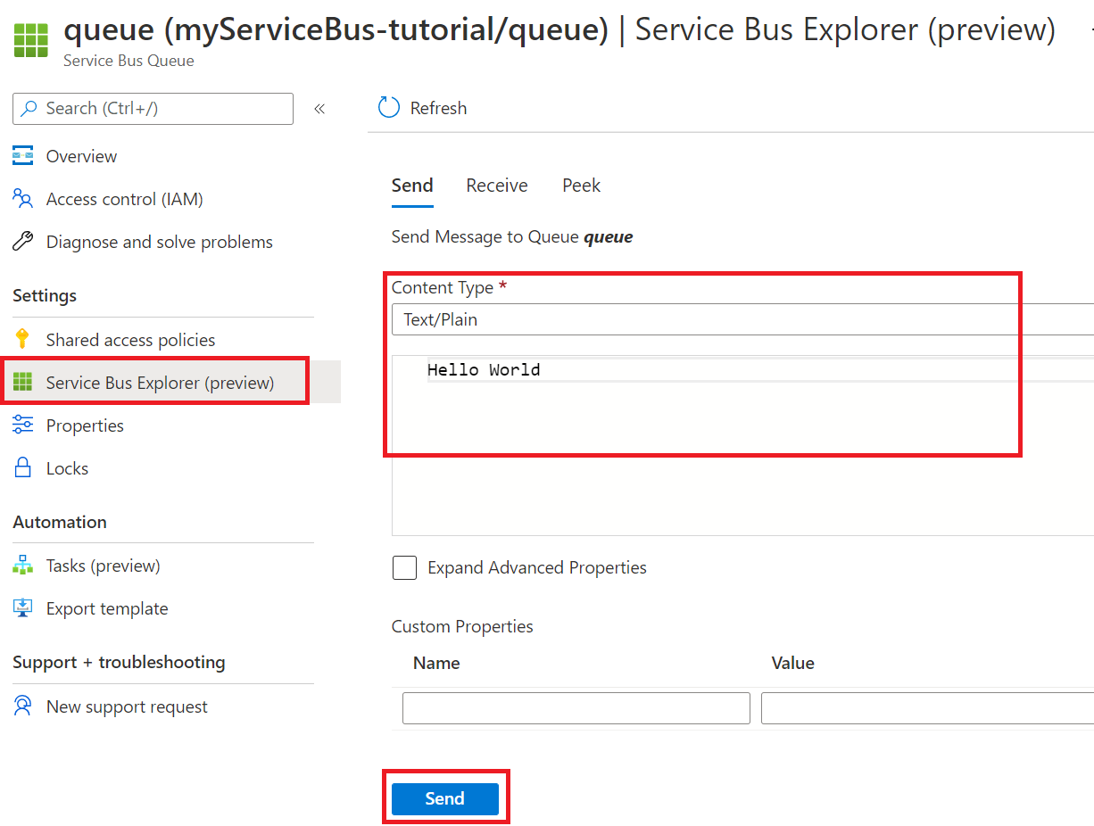 Captura de tela de como enviar mensagens do Service Bus usando o portal.