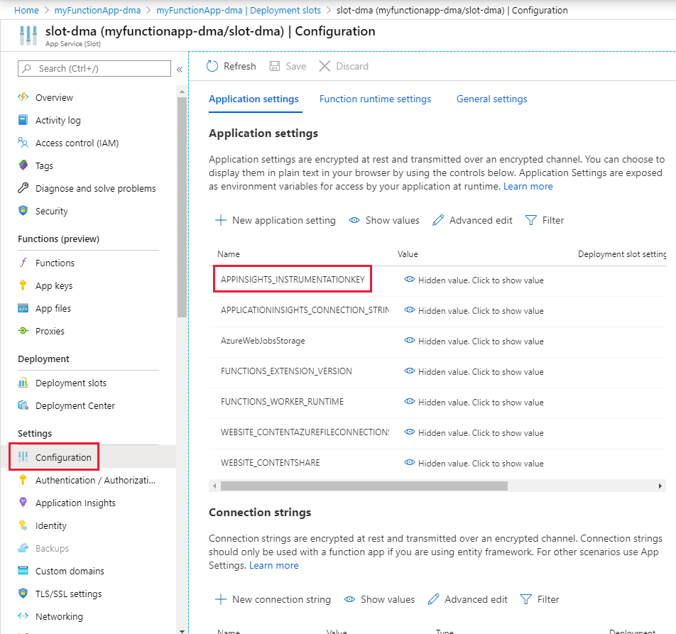 Configure a configuração do aplicativo para um slot no portal do Azure.