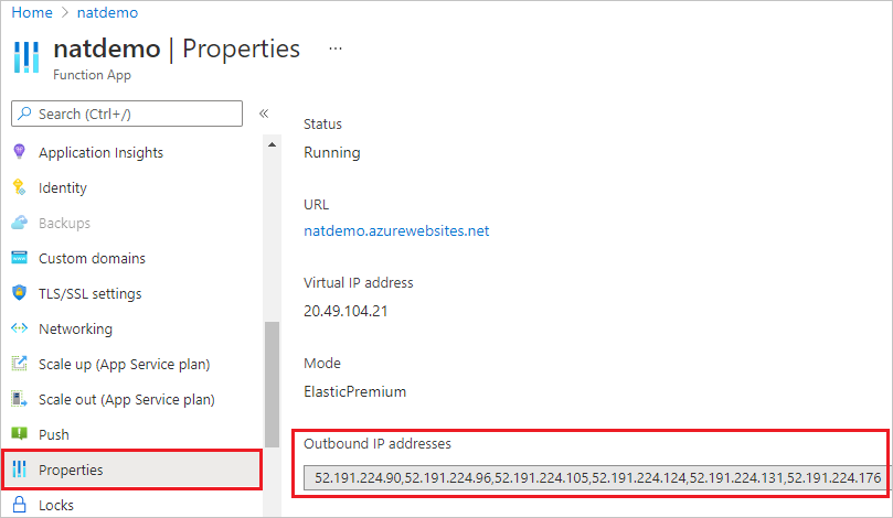 Ver endereços IP de saída da aplicação de funções