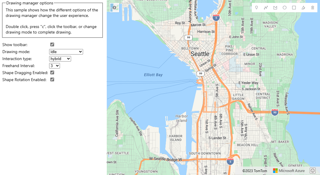 Uma captura de tela de um mapa de Seattle com um painel à esquerda mostrando as opções do gerenciador de desenho que podem ser selecionadas para ver os efeitos que eles fazem no mapa.