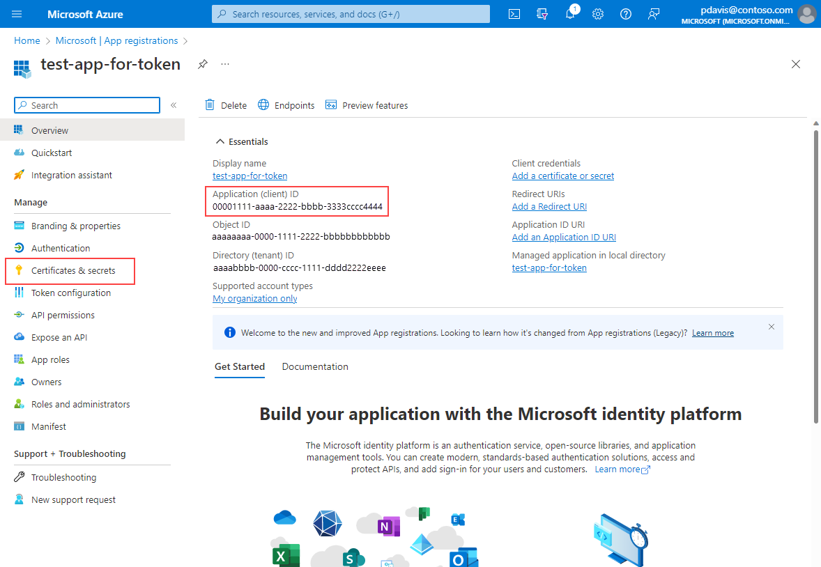 Uma captura de tela mostrando a página de visão geral de registros de aplicativos no Microsoft Entra ID.